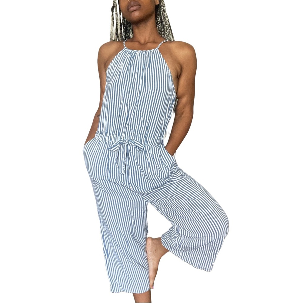 Blue and white stripe jumpsuit